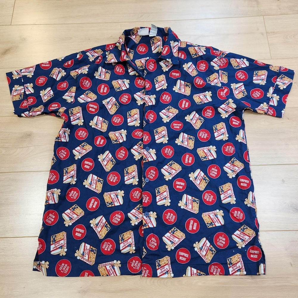 Vintage Cracker Jack Shirt Mens XL Blue Popcorn Allover Graphic Button Up 90s